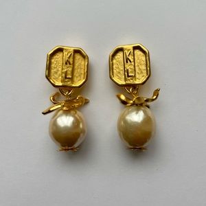 VINTAGE Karl Lagerfeld Clip On Earrings Gold with Drop Pearl